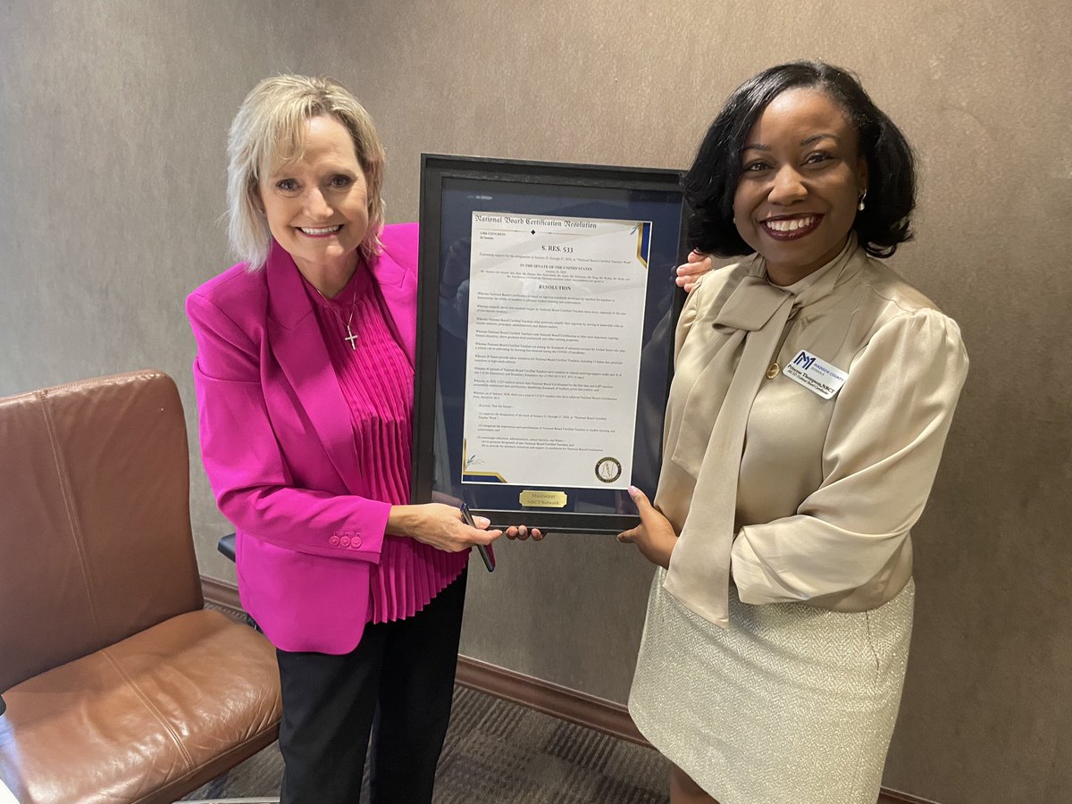 MSNBCTNetwork's tweet photo. Reps of @MSNBCTNetwork and MS’s World Class Teaching Programs thanked @SenHydeSmith today for her support of @NBPTS Certification and co-sponsoring SR 533 which designated 1/21-1/27/24 as NBCT Week. #NBCTstrong https://t.co/W9dJL0Ie5X
