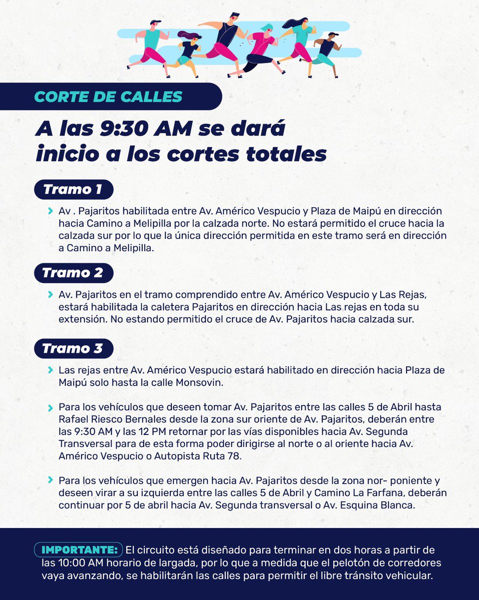 ¿Ya tienes tus zapatillas listas?🏃🏻‍♀️🏃🏻¡Prepárate para la Corrida Familiar Maipú 24! Planifica tu viaje revisando el detalle del recorrido y las calles que se encontrarán cerradas por la actividad 🔴 Te esperamos este domingo 1 de septiembre desde las 8:30 AM 🏅#JuntosAvanzamos