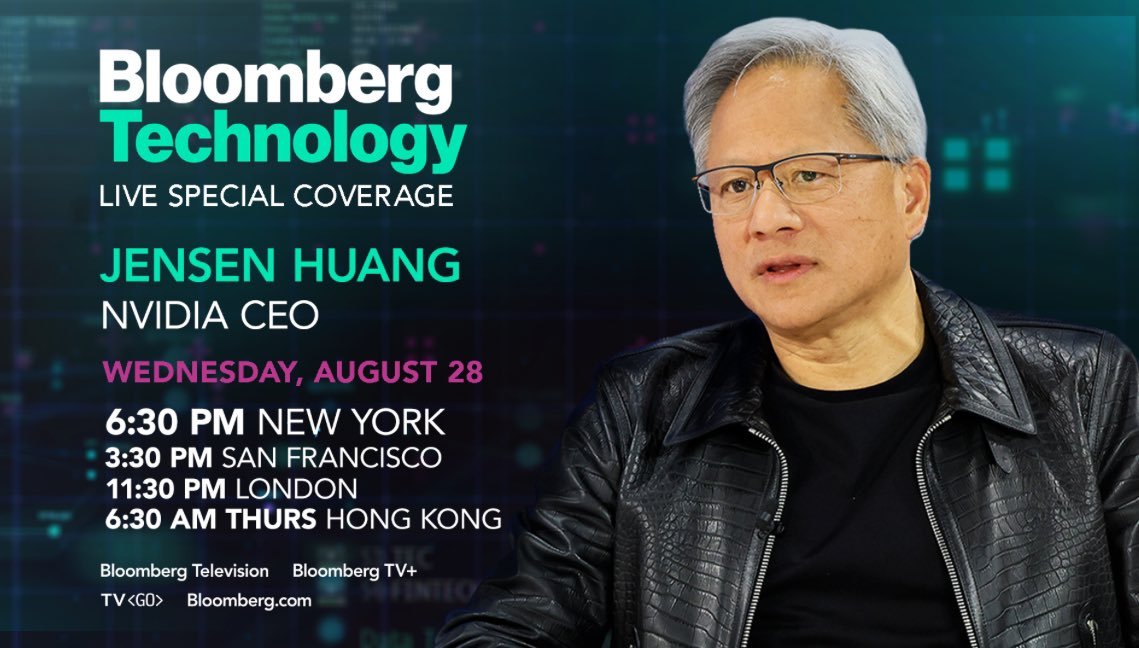 StockMKTNewz's tweet photo. Nvidia $NVDA CEO Jensen Huang will be on Bloomberg at 6:30PM ET on Wednesday following their earnings https://t.co/vd539o5Fp6