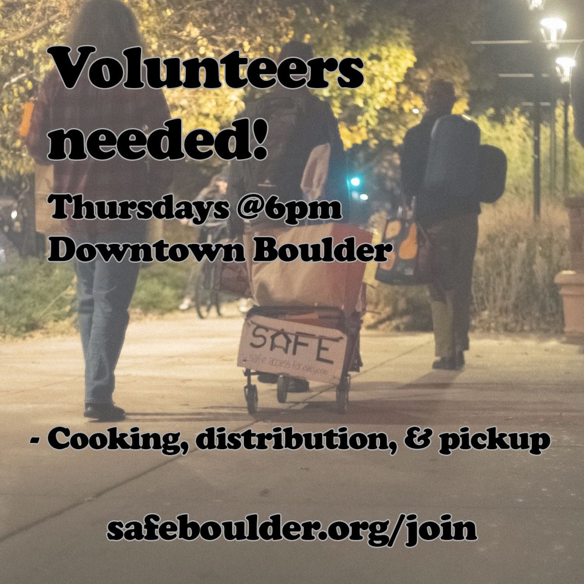 Boulder County:

We are in need of volunteers starting this week for our Thursday distro, which is downtown at 6pm. We need some extra hands to continue our lifesaving work for our homeless neighbors.

Link in the next tweet!