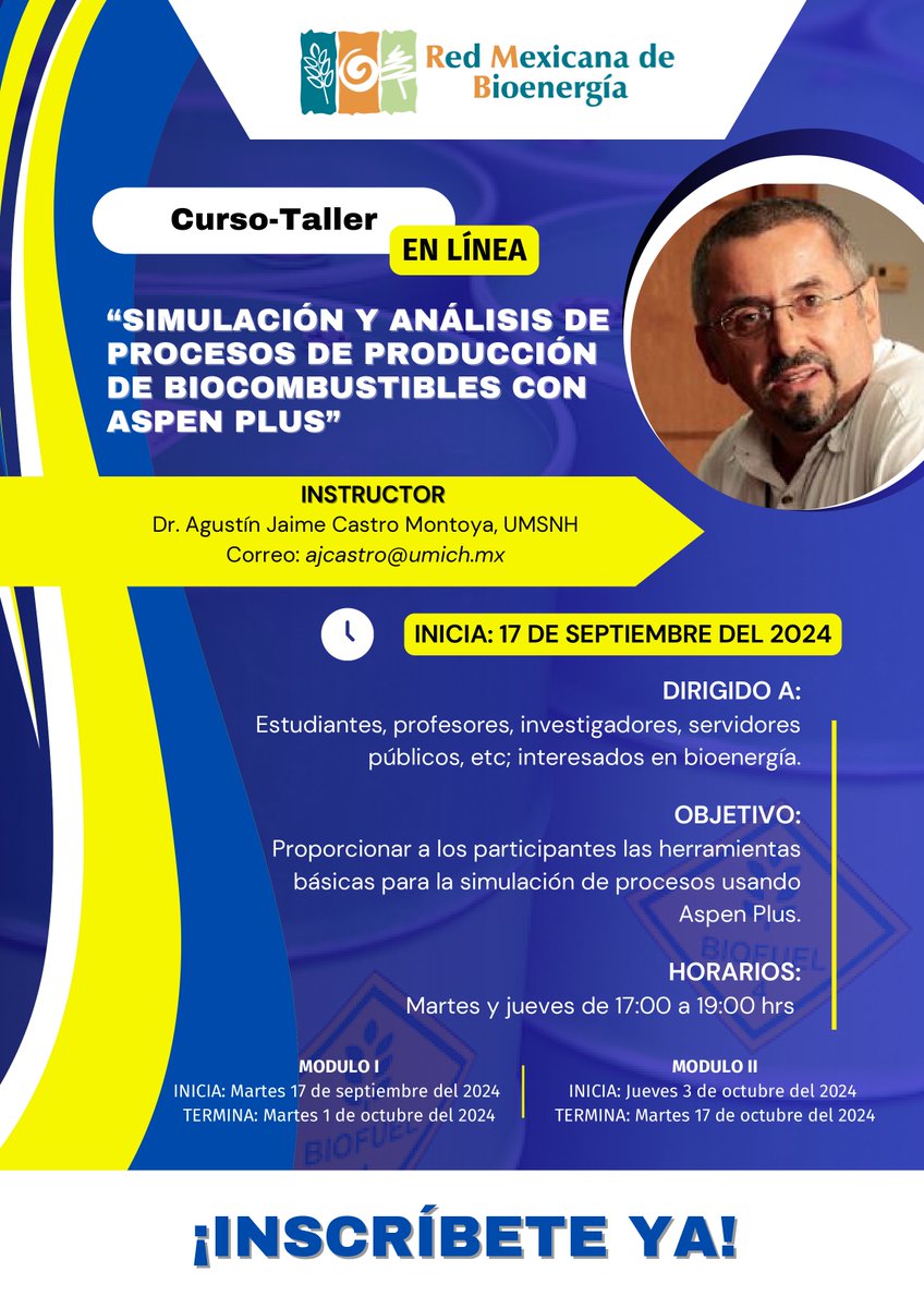 REMBIO_AC's tweet photo. ¡Hola a todos! 🌱🚀

Los invitamos al curso-taller “Simulación y Análisis de Procesos de Producción de Biocombustibles con Aspen Plus”.

🔍 Instructor: Dr. Agustín Jaime Castro Montoya
🏫 Institución: UMSNH

🔗 Enlace de registro: https://t.co/e5NRzjywG9

¡Nos vemos ahí! https://t.co/WKrjcsxIYQ