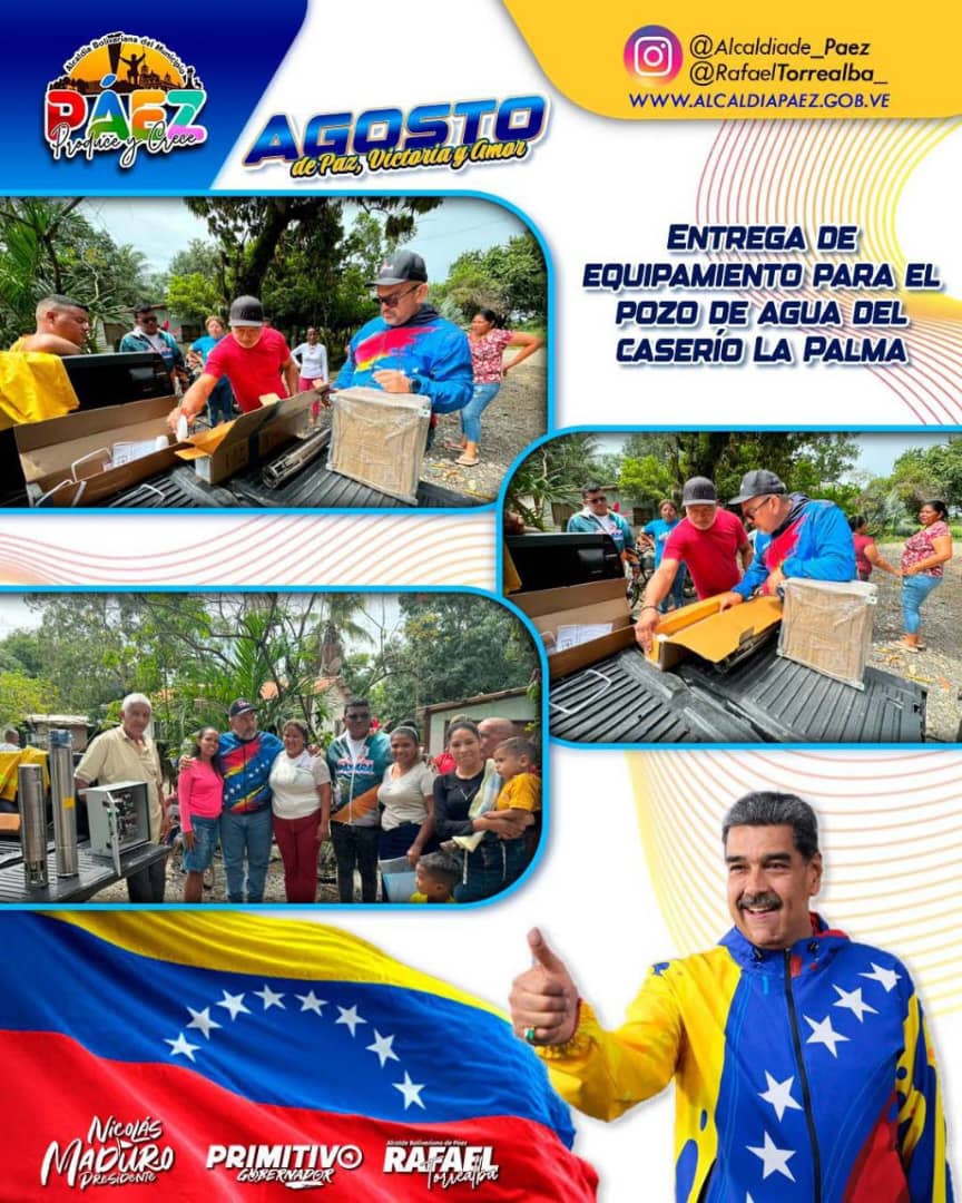 Las 58 familias del caserío La Palma de la parroquia Payara recibieron respuesta del Gobierno Revolucionario, con la dotación del equipamiento necesario para la activación del pozo de agua del sector.
<a href="/nicolasmaduro/">Nicolás Maduro</a> <a href="/Primitivo_Ceden/">Primitivo_Cedeno</a> <a href="/rtorrealba_/">Rafael Torrealba</a>