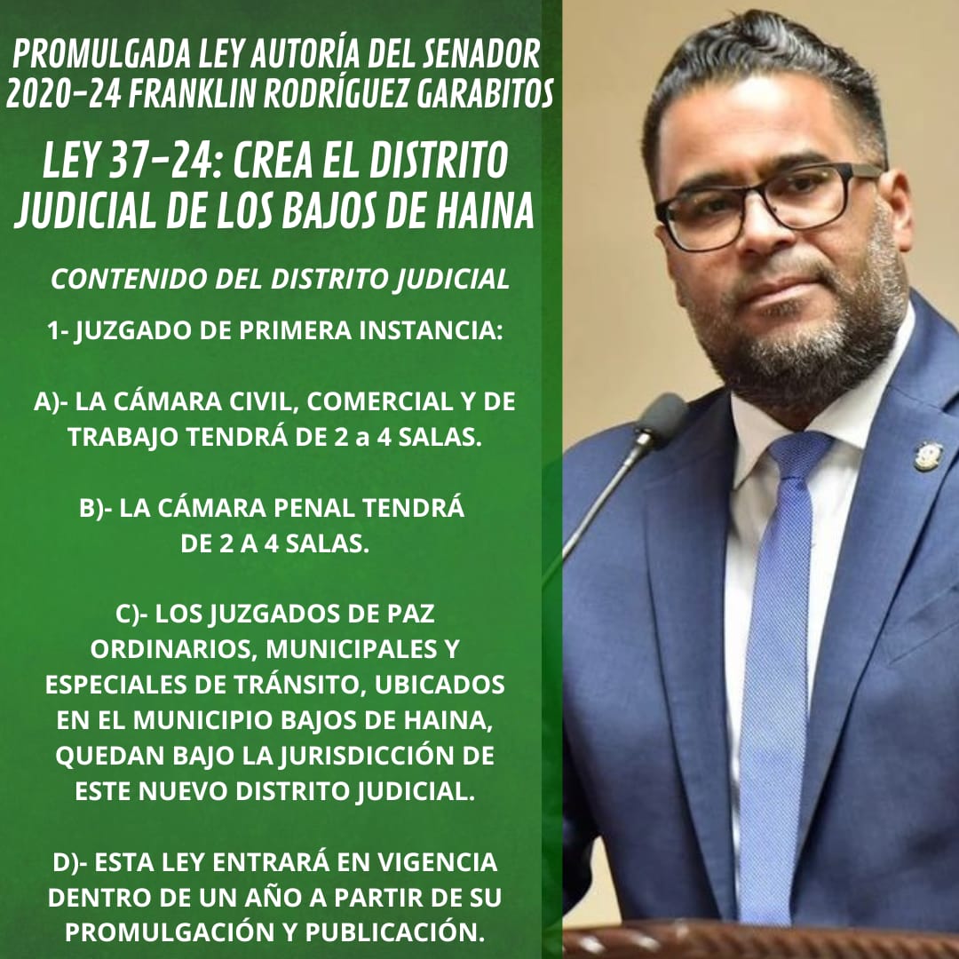 PROMULGADA LEY DE NUESTRA AUTORÍA: 37-24.

SE CREA EL DISTRITO JUDICIAL DE LOS BAJOS DE HAINA.