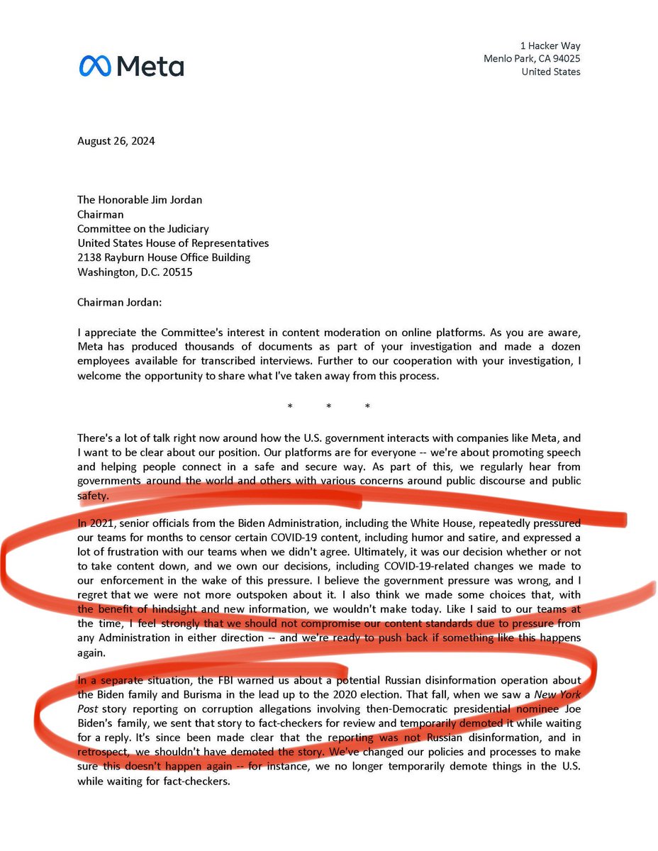 C__Herridge's tweet photo. Zuckerberg letter via @JudiciaryGOP

Hunter Biden Laptop:

“It's since been made clear that the reporting was not Russian disinformation, and in retrospect, we shouldn't have demoted the story.”

COVID-19: 

“…senior officials from the Biden Administration, including the White House, repeatedly pressured our teams for months to censor certain COVID-19 content…I believe the government pressure was wrong..”