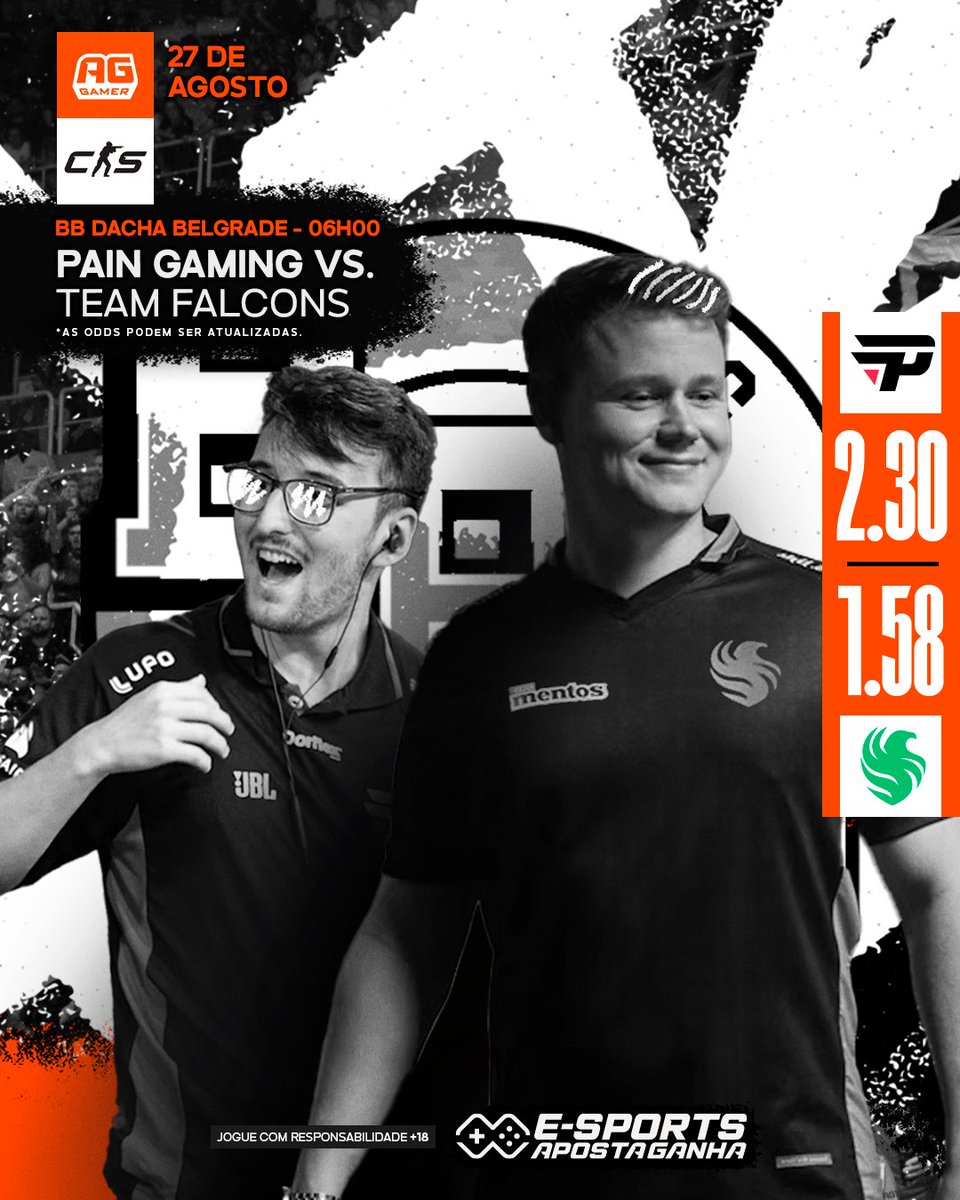 Amanhã é dia da tradicional <a href="/paiNGamingBR/">paiN Gaming</a> jogar contra a <a href="/TeamFalconsGG/">Team Falcons</a> 

Horário: 6h
Adversário: Falcons
Plataforma: <a href="/apostaganhabet_/">Apostaganha.bet.br</a> 

Jogue com responsabilidade!🔞
