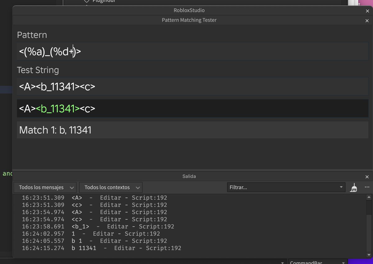 BitwiseAndrea's tweet image. need a way to test out lua patterns so badly i guess i&apos;ll make a plugin for it