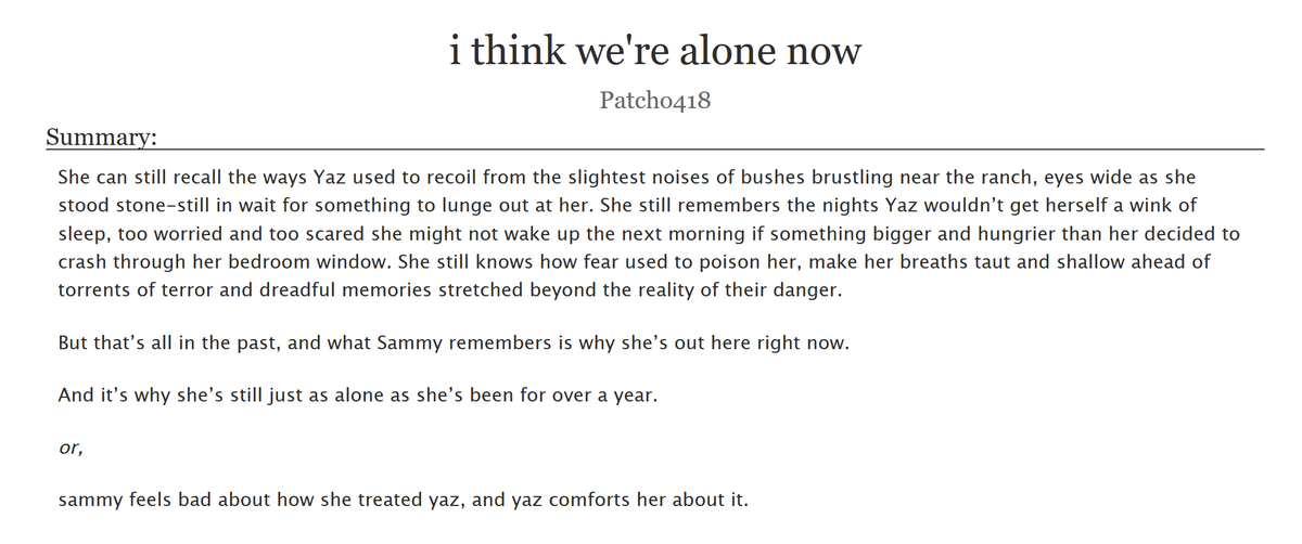 archiveofourown.org/works/58485865

"i think we're alone now"
Fandom: #JurassicWorldChaosTheory 
Ship: Yasammy
Rating: T
Word Count: 3.8k

Sammy feels bad about how she treated Yaz, and Yaz comforts her about it.