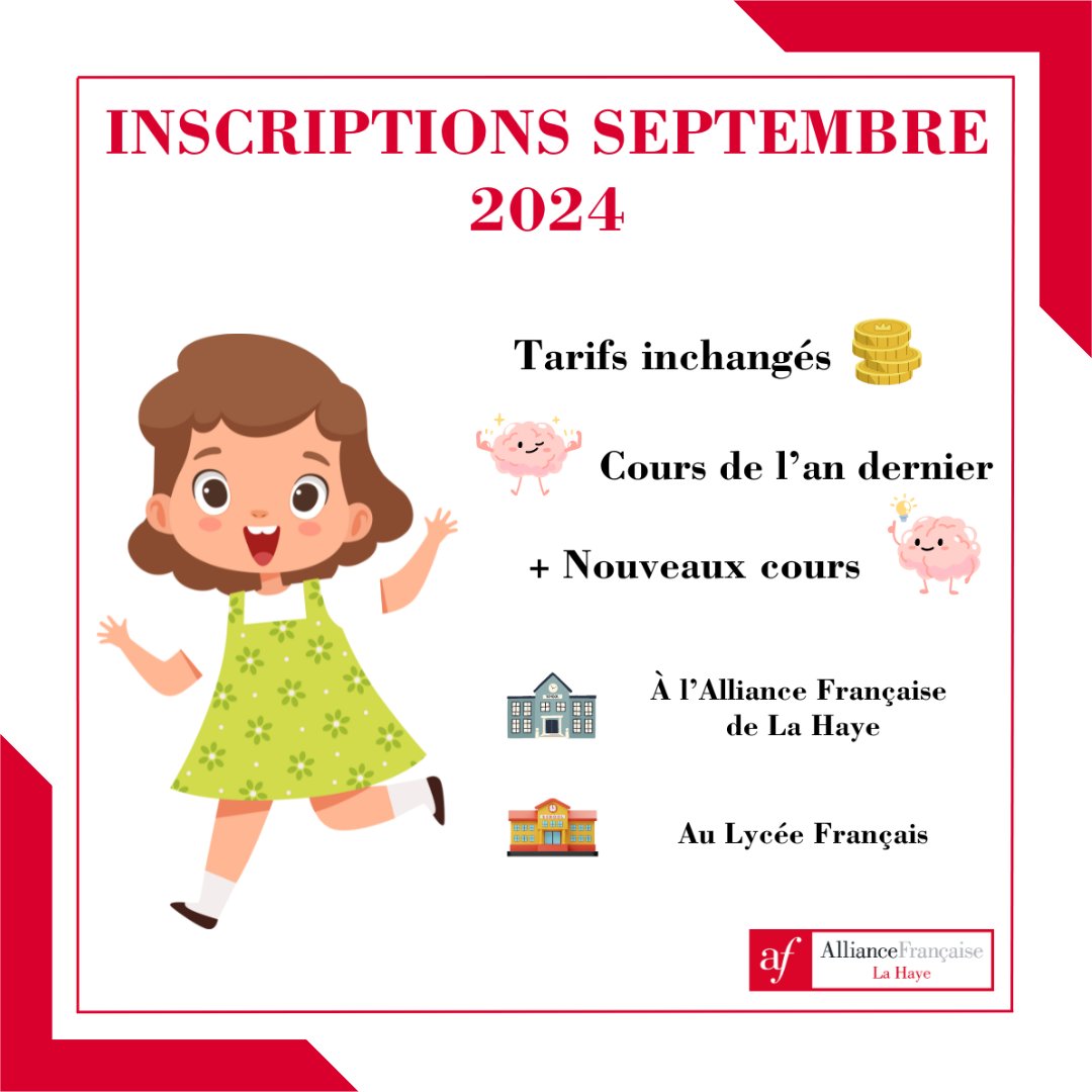 Registrations for the 2024-25 school year are open! We offer 25 different courses! There is something for all tastes and all ages (from 6 months to 18 years). 
Click here to find out more : 
At the AFLH: aflahaye.nl/enfants/#/
At the Lycée Français: aflahaye.nl/enfants/lfvvg/…