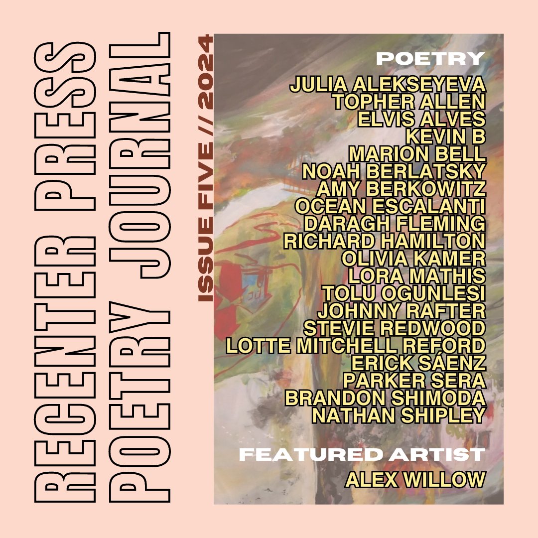 recenterpress's tweet photo. Issue Five of the Recenter Press Poetry Journal is out today!

Read here: https://t.co/gI7x9zmjsY

Poems by @thesoviette @EOAlves @KRB0719 @nberlat @DaraghFleming @richham45 @loramathiz @toluogunlesi @LReford @parkersera @brandonshimoda &amp; others 

Curated by @terraoliveira_ https://t.co/CJaGqGdEgB