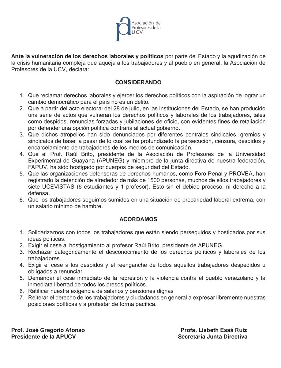 Comunicado de la Junta Directiva de la APUCV ante la vulneración de los derechos laborales y políticos por parte del Estado.

#UCV #Venezuela #DerechosLaborales #DerechosPolíticos