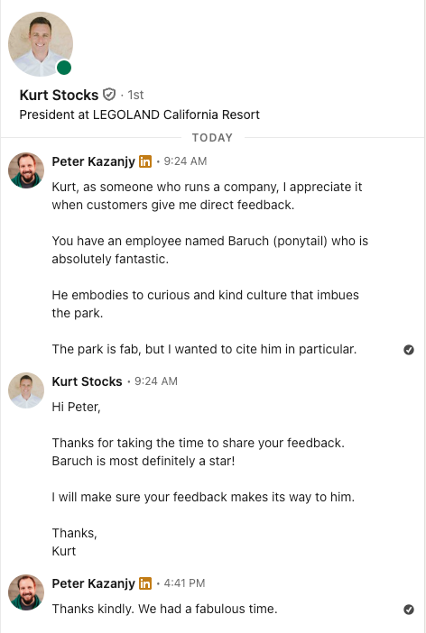 Kazanjy's tweet image. Normalize cold DM'ing company executives with positive feedback on their star employees.