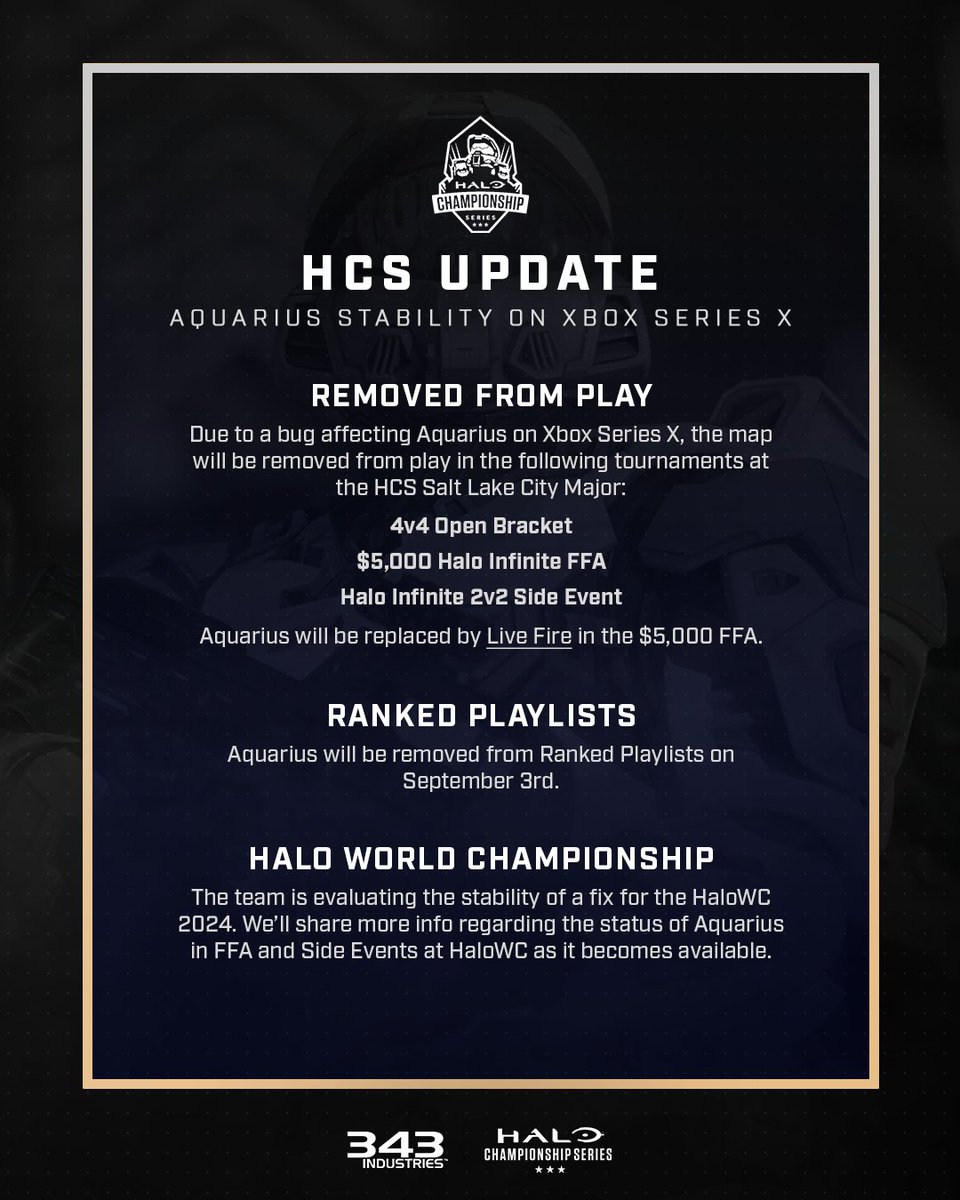 HCS's tweet photo. ATTN competitors - Due to a bug impacting Aquarius on Xbox Series X, the map will be removed from play in the following #HCSSLC24 tournaments:

- 4v4 Open Bracket
- Halo Infinite FFA
- Halo Infinite 2v2

Live Fire will take the place of Aquarius in the $5K FFA.

Since matches for Pool Play and Championship Bracket are played on PC, Aquarius will remain in the rotation for those tournament matches.