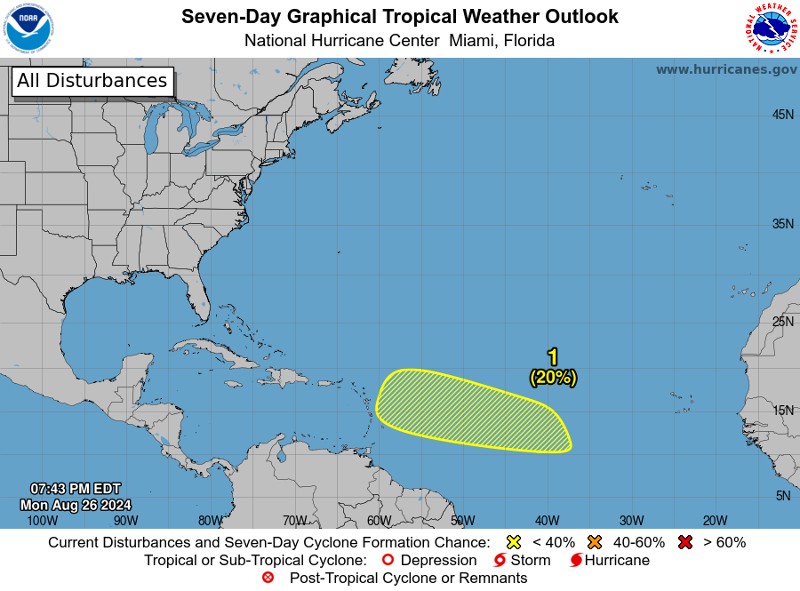 8pm EDT 26th August -- NHC is monitoring the central Tropical Atlantic where an area of low pressure could form over the next few days. This system has a low chance (20% 🟡) of TC formation over the next 7 days. 

Latest Outlook: nhc.noaa.gov/gtwo.php?basin…