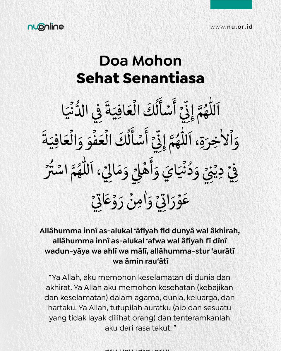 nu_online's tweet photo. Semoga kesehatan badan kita, senantiasa Allah jaga. Bagi yang sedang sakit, semoga sembuh, pulih kembali.

Aamiin

#NUOnline https://t.co/VpUFKUb112