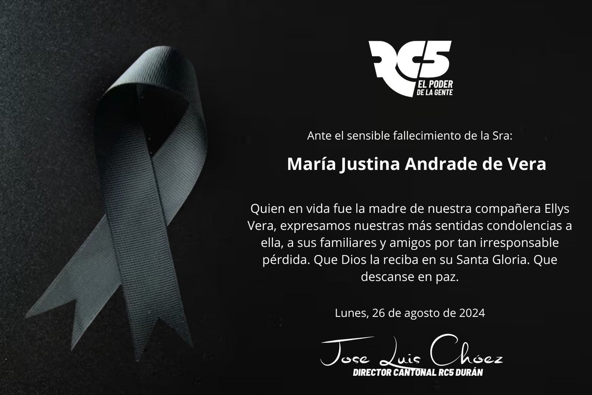 Acompañamos el dolor que sienten nuestras compañeras revolucionarias Ellis y Michelle, ante el sensible fallecimiento de su madre y abuela, doña María Justina Andrade de Vera.

Dios le otorgue el descanso eterno 🕊️