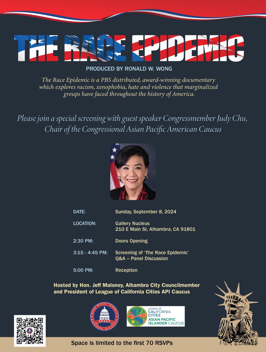 🌟We're thrilled to announce our special guest speaker Congressmember Judy Chu at the upcoming <a href="/TheRaceEpidemic/">The Race Epidemic</a> screening hosted by the League of California Cities API Caucus. #APALF

📅 Sunday, September 8, 2024
📍 Gallery Nucleus
🕛 2:30 - 6:00 PM PST

eventbrite.com/e/alhambra-spe…