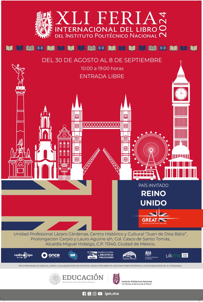 Recuerda que este 30 de agosto inician las actividades de la Feria Internacional del Libro del <a href="/IPN_MX/">IPN</a>. 
Este año 🇬🇧 es el país invitado. ¿Quieres conocer más y empaparte de la cultura británica? ¡Te esperamos!

#UKMX200 #FILIPN2024