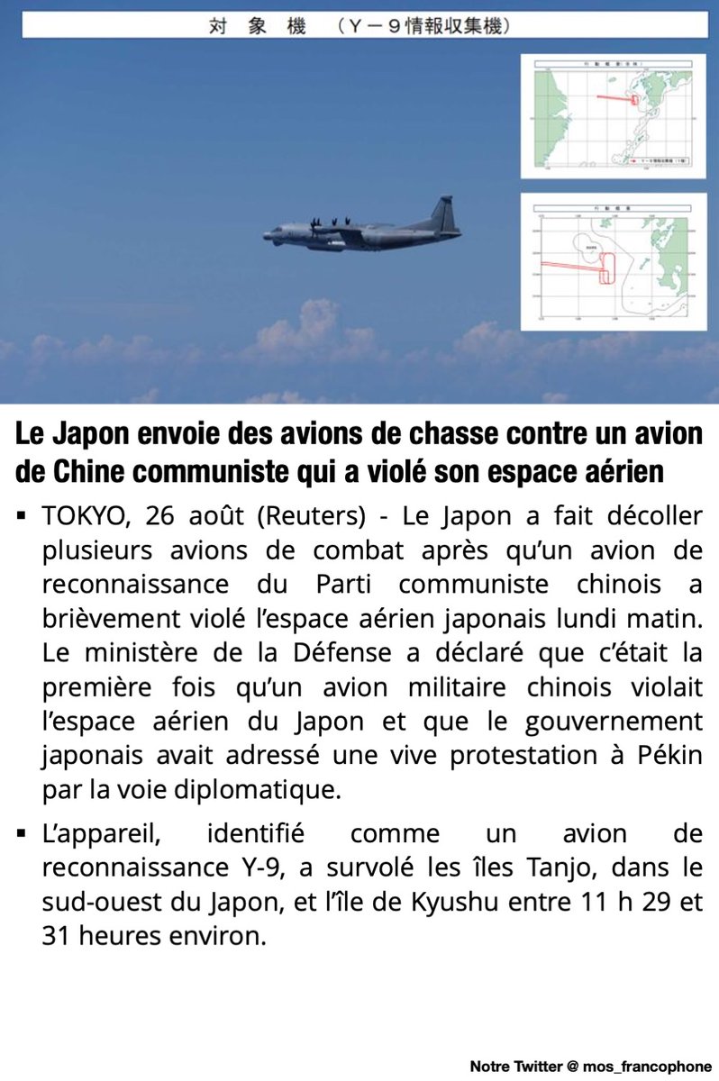 mos_francophone's tweet photo. Le Japon envoie des avions de chasse contre un avion de Chine communiste qui a violé son espace aérien
#Reuters #Y9 #PCC #Japon https://t.co/Jyq6wiRVTJ