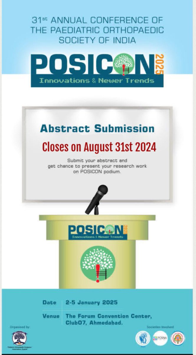 POSI_in's tweet photo. β°β° β° Hurry !
#POSICON 2025, the Annual Conference of #PaediatricOrthopaeficSocietyOfIndia at #Ahmedabad #AbstractSubmission closes on August 31 2024 !
for more details please visit https://t.co/bJeAcjWibk
#MedTwitter
#OrthoTwitter
#PaediatricOrthopaedics
#India https://t.co/0tm6YQqT6x