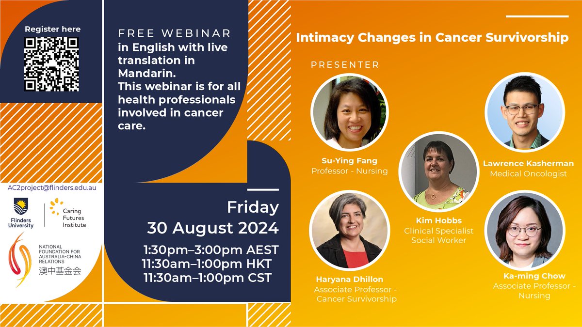 Join us this Friday, 🗓️30 August, 📷 ONLINE, 📷#CALD #chinese focused update on Intimacy Changes in Cancer Survivorship. Live translation in Mandarin too! Register using link: trybooking.com/events/landing…