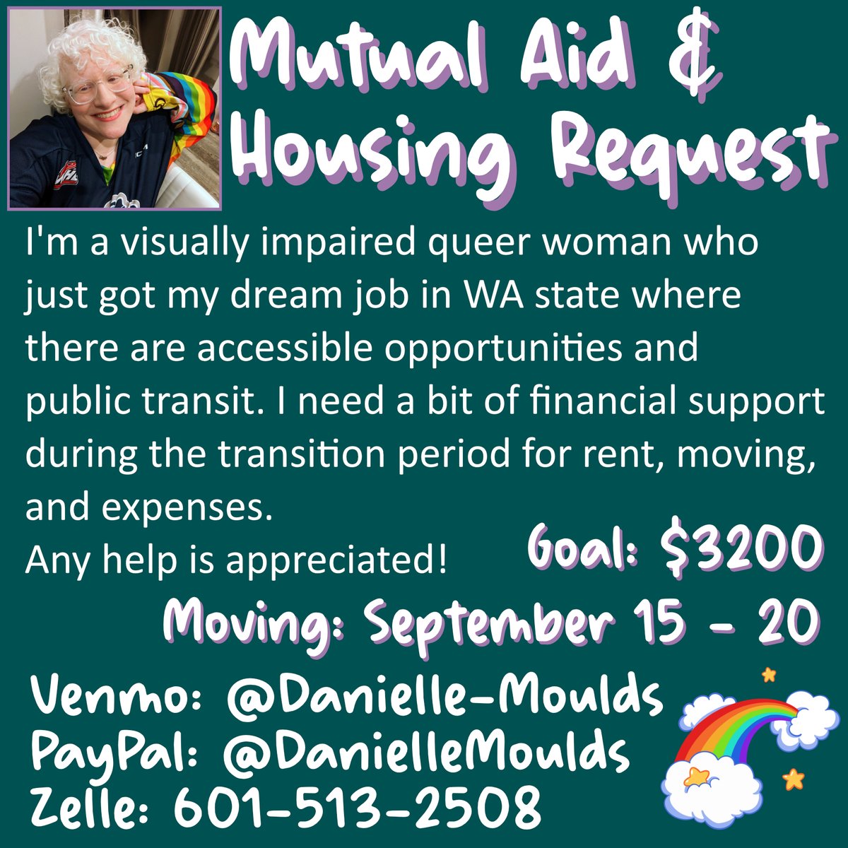 I got my dream job in WA state, and I am moving ASAP! I start Oct 7! I need a bit of financial support during the transition period. I am looking for a place to rent and need a bit of extra money to make myself the best rental candidate possible. Please share! Links below!