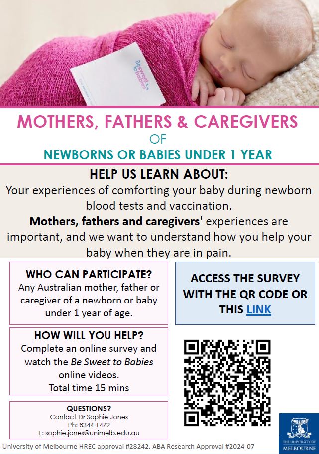 🔎 Inviting Australian mothers', fathers' or caregivers' of a newborn or baby under 1 year of age to complete a short online survey on experiences of comforting their baby during newborn blood tests and vaccination.

👉redcap.unimelb.edu.au/surveys/?s=CRY…