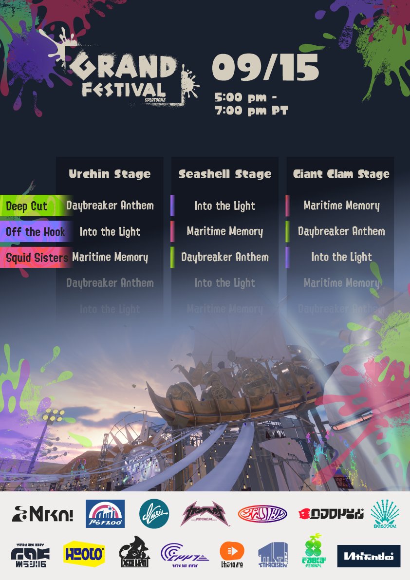 Splatoon North America (@splatoonna) on Twitter photo Frye here with a BIG scoop! We got the Grand Festival set list for you. During the first part, all three groups will rotate between the three stages. And in the second part, the whole Now or Never Seven will put on a special performance! Don't miss it! Frye here with a BIG scoop! We got the Grand Festival set list for you. During the first part, all three groups will rotate between the three stages. And in the second part, the whole Now or Never Seven will put on a special performance! Don't miss it!