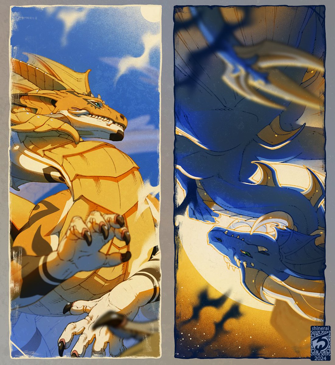 Did a fun pair of portraits for yamilink (bsky) of her characters named Mizer🧡and Korzel💙