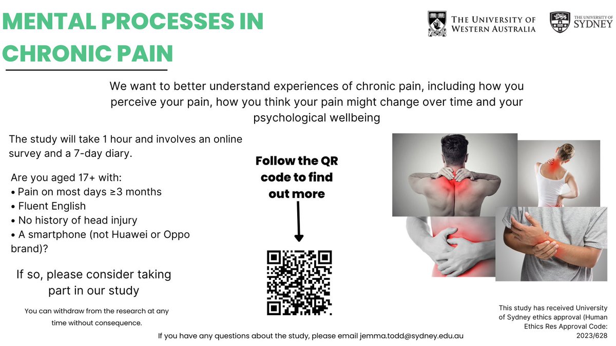 JemmaLTodd's tweet image. Researchers at the University of Sydney would like to understand experiences of people living with chronic pain, including how pain pain might change over time, and psychological wellbeing. This 1-hour study involves an online survey and a 7-day diary. tinyurl.com/jtb8ndvr