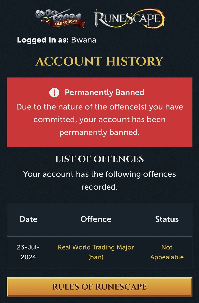 PremiumBwana's tweet photo. Over 1 month now since I was falsely banned for RWT on my end game account with zuk helm. 

RSN: Bwana

Could be related to buying and selling 3rd age in world 2.  Could someone please review this?

@JagexGoblin @JagexAsh @JagexSupport @JagexAyiza @JagexKieren
@OldSchoolRS https://t.co/tvxnKKwxhT