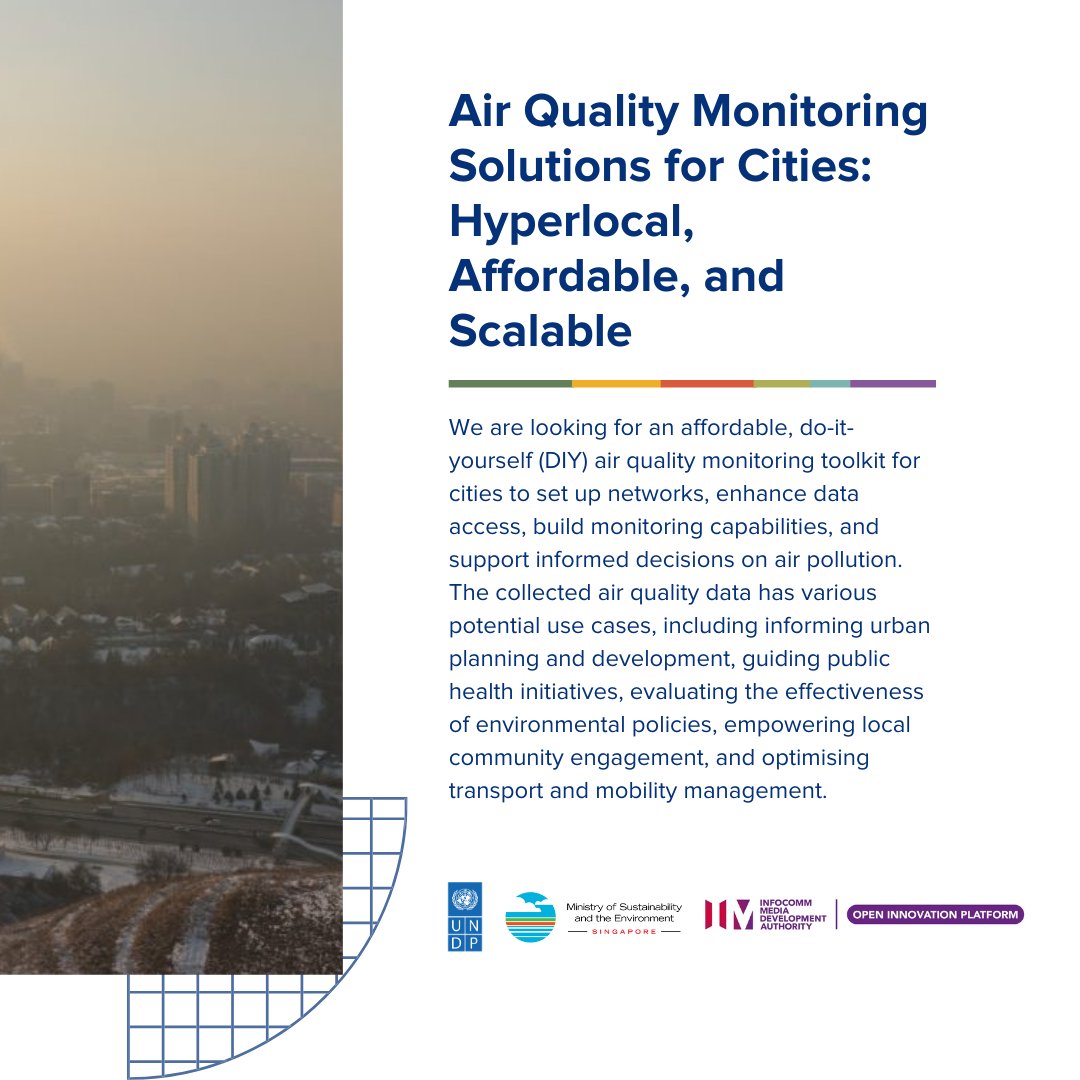 🌥 Working on #AirQualityMonitoring solutions? We want to collaborate!

<a href="/UNDPtech/">UNDP Tech, Innovation and Sustainable Development</a>, in partnership with <a href="/MSEsingapore/">MSE Singapore</a> and <a href="/IMDAsg/">Infocomm Media Development Authority of Singapore</a>, are looking for low-cost and scalable solutions for hyperlocal #airquality data

Submit your proposals by 13 September 👉 go.undp.org/4aB