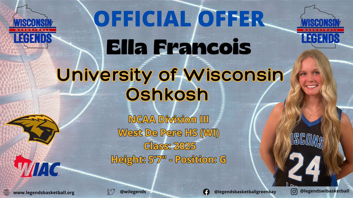 Wisconsin Legends (@wilegends) on Twitter photo 🚨OFFICIAL OFFER ALERT🚨Congrats to our LEGEND
<a href="/EllaFrancois24/">Ella Francois</a> earning an offer from <a href="/UWOWBB1/">UW-Oshkosh Women’s Basketball</a>
👏🥳THANK YOU Head Coach <a href="/UWOCoachFischer/">Brad Fischer</a>
& Staff💙🖤We appreciate you believing in our LEGENDS🤟ITS TIME EJ⏰@phantomsgbb😎#BeALEGEND #LEGENDSLiveHERE 🚨OFFICIAL OFFER ALERT🚨Congrats to our LEGEND
<a href="/EllaFrancois24/">Ella Francois</a> earning an offer from <a href="/UWOWBB1/">UW-Oshkosh Women’s Basketball</a>
👏🥳THANK YOU Head Coach <a href="/UWOCoachFischer/">Brad Fischer</a>
& Staff💙🖤We appreciate you believing in our LEGENDS🤟ITS TIME EJ⏰@phantomsgbb😎#BeALEGEND #LEGENDSLiveHERE