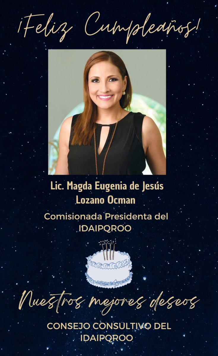 Felicito con gran afecto a <a href="/maklozano/">Magda Lozano Ocman</a>, Comisionada Presidenta del <a href="/IDAIPQRoo/">IDAIP QROO</a>. ¡Muchísimas felicidades! 🥳
 Larga vida y nuestros mejores deseos.
¡Un abrazo!