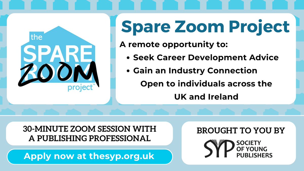 SYP_UK's tweet photo. Did you know that the SYP runs the Spare Zoom Project?
The SZP connects aspiring publishers with industry professionals for a one-off 30-minute Zoom chat.
Apply now to gain insight from experienced professionals: https://t.co/y5MkNQrhkN
#SYPInto #SpareZoomProject https://t.co/VOWhkqDsP0
