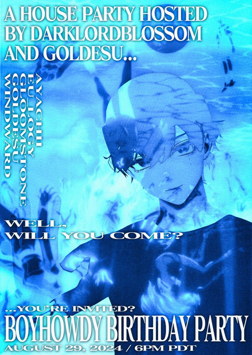 Boy Howdy Birthday Party! 🎂
8.29.24 / 6PM PDT
&lt;t:1724979600:F&gt;
<a href="/omg_ayachii/">aya is on bluesky</a>
<a href="/eu_logy/">eulogy</a>
<a href="/sadakossenpai/">ＧＬＯＯＭＳＴＯＮＥ</a>
<a href="/goldesu_/">♱ 𝔤𝔬𝔩𝔡𝔢𝔰𝔲. ♱</a>
<a href="/_windwardmusic/">windward</a>
Cyber Angels invites you to celebrate <a href="/BoyHowdyVRC/">Boy Howdy</a>'s birthday! Come chillout with some of his favorite DJs.🎉