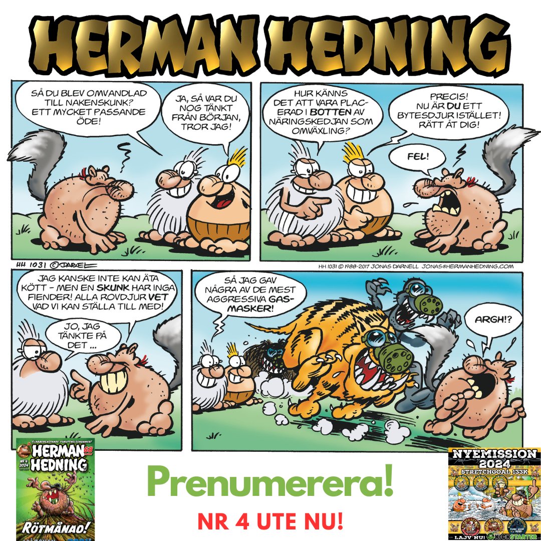 JonasDarnell's tweet photo. En stripp sliten HELT ur sitt sammanhang – ett nummer där Herman blir förvandlad till en skunk, som straff för nåt skit han ställt till med (en mycket ovanlig händelse) 🦨🦨🦨
#hermanhedning #skunk #serier #comics https://t.co/1yMsi4inKs