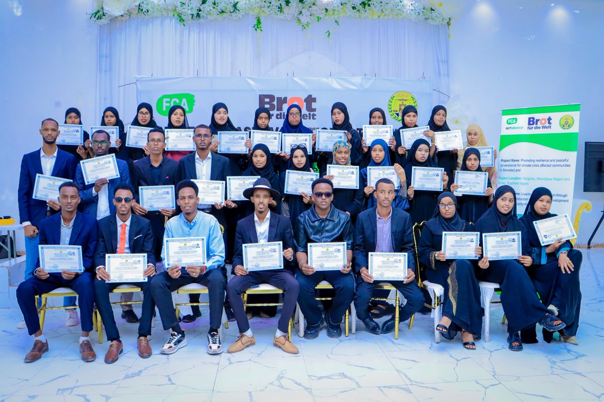 SOYVOORG's tweet photo. Empowering Youth Through Innovative Entrepreneurship @SOYVOORG , in partnership with the @Finn Church Aid (FCA) and the Ministry of Education and Science of JSL, celebrated the achievements of 35 graduates through a certificate distribution ceremony. Additionally, 28 youth participants were granted financial support to launch their business ventures, marking a significant milestone in the promotion of entrepreneurship and skills development. the Integrated Business and Technical Vocational Education and Training (IBTVET) program,The financial assistance awarded to the budding entrepreneurs is a crucial component of the project, Promoting resilience and peaceful co-existence for climate crisis-affected communities in Somaliland project’s accelerated funding emphasizes the commitment to nurturing talent and ambition within the Burao Togdheer region, Somaliland