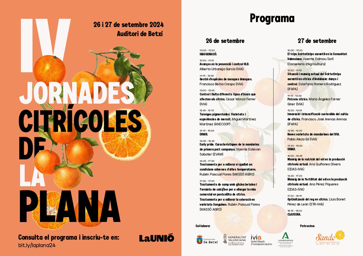 l_agraria's tweet photo. 🍊🍊🍊PER POSAR-SE AL DIA‼️ ➡️IV Jornades CÍTRICOLES de la Plana  @UnioLlauradora (Betxí 26-27 de setembre).
📰Programa 👉https://t.co/jmRPvb0r9Z
✍️Inscripció fins 24 de setembre https://t.co/ys5cX5kzNc
 @GVAagricultura @GVAivia @ajbetxi @IfapaJunta https://t.co/QOLYa9QTrO