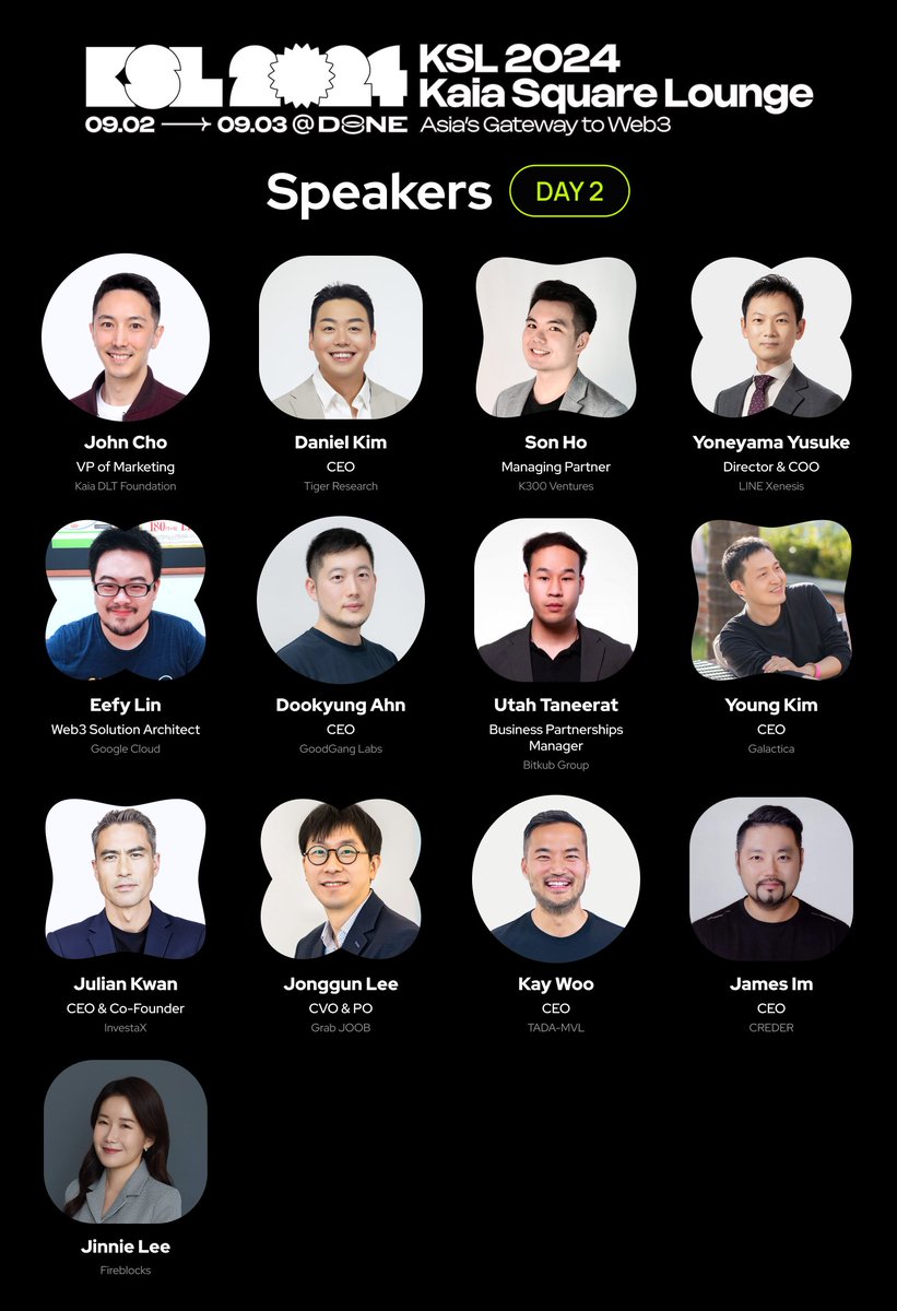 KaiaChain_KR's tweet image. 9월 2일-3일에 개최되는 #KSL2024 에서 23개의 세션과 5개의 패널에 참가하는 연사들을 공개합니다🙌 

Kaia팀은 해외 유수 파트너사와 'Asia's Gateway to Web3' 라는 주제로 대화 나누고자 합니다.

메인행사 참석 등록하기🔻
lu.ma/ksl2024
