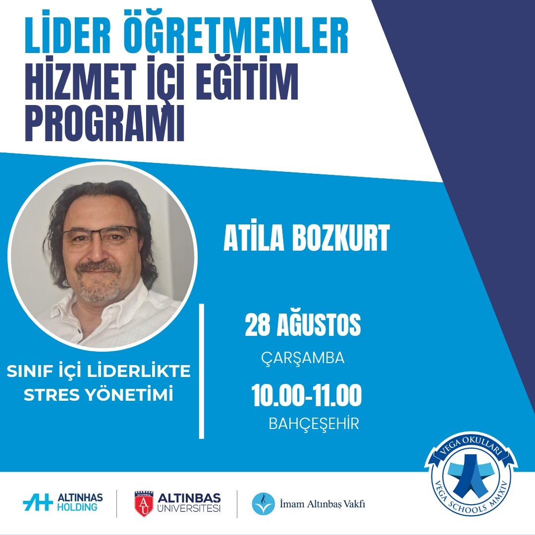 Lider Öğretmenler Hizmet İçi Eğitim Programı '24 kapsamında Atila Bozkurt "Sınıf içi Liderlikte Stres Yönetimi" konulu sunumu ile geleceğin liderlerini yetiştiren öğretmenlerimizle buluşuyor.

#geleceginliderleriniyetistirir
#egitimingucluyildizi 
#vegaokulları