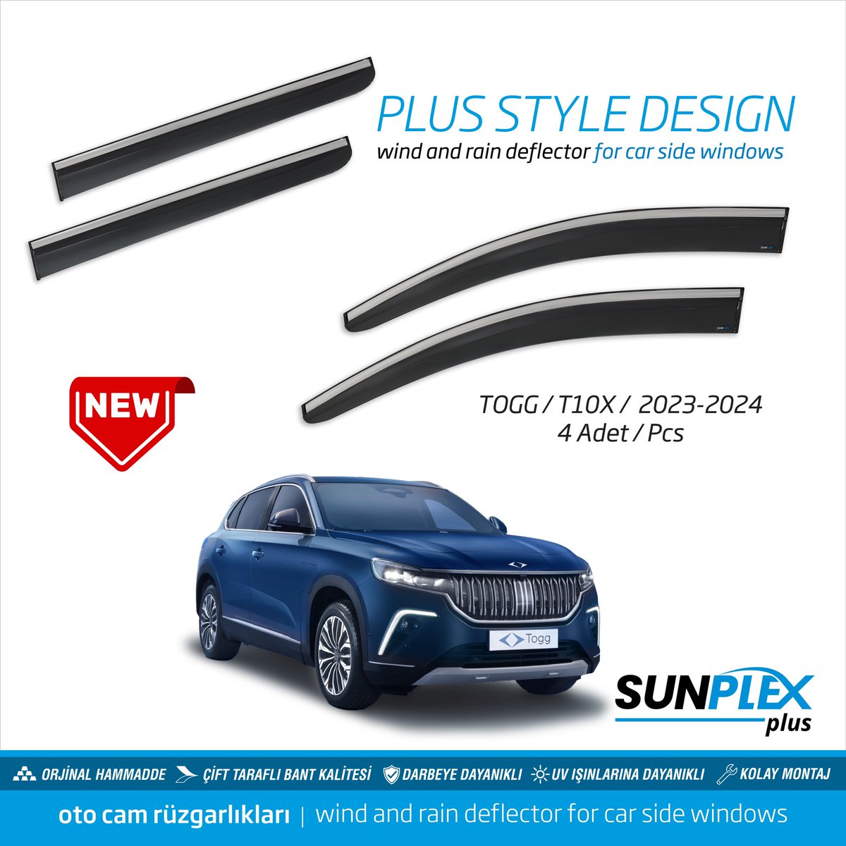 TOGG T10X 2023-2024 aracınıza özel tasarlanmış Plus Style Design Oto Cam Rüzgarlıkları.

#sunplex #sunplexwinddeflectors #winddeflectors #winddeflector #otocamrüzgarlığı #otocamrüzgarlıkları #otocamrüzgarlığı #togg #T10X #toggT10X  #otoaksesuar #yerli #yerliotomotiv #Türkiye