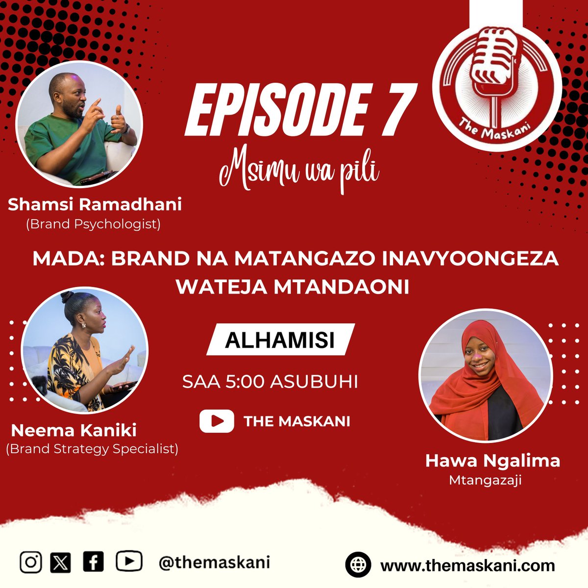 Wiki hii kwenye the maskani tutakua na wataalamu wa biashara za mtandaoni @neema_kaniki na <a href="/dukahuru/">DUKAHURU BRANDS TANZANIA</a> 
Wakitueleza machache kuhusu umuhimu wa branding na matangazo kwa wafanyabiashara wa mtandaoni.

#MasokoYaKidijitali #Jibrand #themaskani