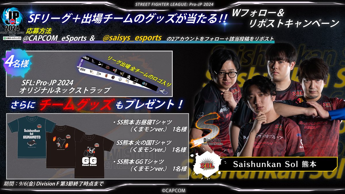 CAPCOM_eSports's tweet photo. ／
#SFリーグ チーム連動プレゼントキャンペーン🎉✨
＼

◥◣Saishunkan Sol 熊本◢◤
🎁SFLオリジナルグッズ 4名様
さらに、チームグッズもプレゼント‼

📝応募方法
① 「@CAPCOM_eSports」「@saisys_esports」をフォ��ー
② この投稿をリポスト（RP）

📅締切
9/6(金)Division F 第3節 番組終了まで‼️

【重要】
キャンペーンにご応募される前に、
下記応募規約、プライバシーポリシーをよくお読みいただき、ご同意のうえ応募ください。
（キャンペーンにご応募いただいた時点で、同意いただいたことになります。）
https://t.co/2CZzXqZRjv