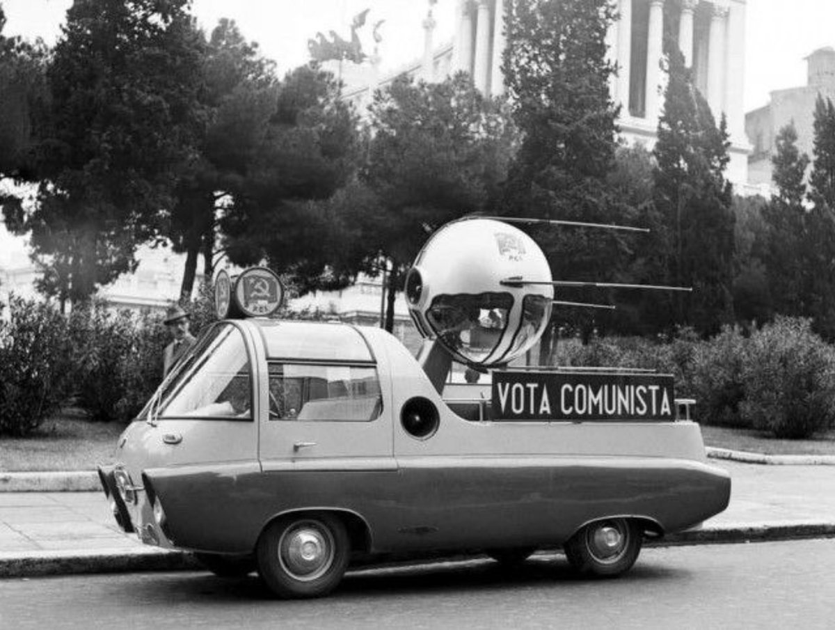 "Vota Comunista". A Sputnik-style car used by the Italian Communist Party during the 1958 Italian general elections.