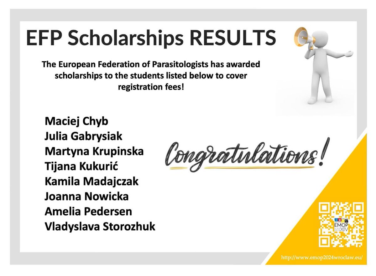 The European Federation of Parasitologists has awarded scholarships to the students listed below to cover registration fees!

Maciej Chyb
Julia Gabrysiak 
Martyna Krupinska
Tijana Kukurić 
Kamila Madajczak
Joanna Nowicka
Amelia Pedersen
Vladyslava Storozhuk

Congratulations!