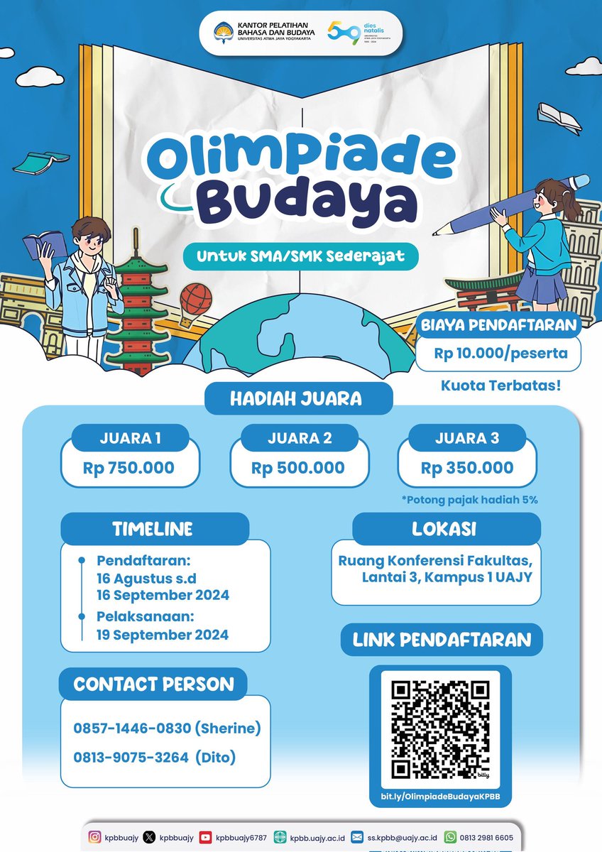 kpbbuajy's tweet photo. Halo sobat KPBB!

Dalam rangka merayakan Dies Natalis UAJY yang ke-59, Kantor Pelatihan Bahasa dan Budaya menyelenggarakan berbagai lomba menarik untuk kalian semua!

Adapun lomba tersebut meliputi Lomba Aksara, Tebak Kata BIPA, English Speech dan Olimpiade Budaya. https://t.co/pml6EnBeLy