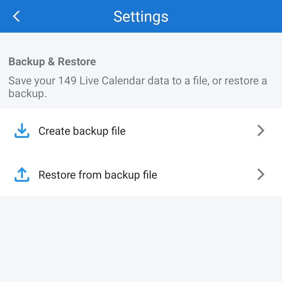 149Tech's tweet photo. Many users asked us to add a feature for backing up 149 Live calendars and ToDo lists to a local file, so here it is in our Android app! Head to Settings from the app menu and tap on the button next to Backup and Restore to get started. https://t.co/mszmxs4FJL