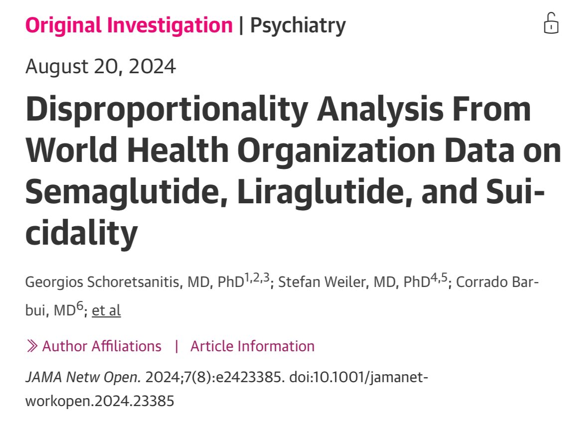 Ash Paul (@pash22) on Twitter photo Disproportionality Analysis From <a href="/WHO/">World Health Organization (WHO)</a> Data on Semaglutide, Liraglutide, and Suicidality
jamanetwork.com/journals/jaman… via <a href="/GeorgeSchor/">Georgios Schoretsanitis</a> et al Disproportionality Analysis From <a href="/WHO/">World Health Organization (WHO)</a> Data on Semaglutide, Liraglutide, and Suicidality
jamanetwork.com/journals/jaman… via <a href="/GeorgeSchor/">Georgios Schoretsanitis</a> et al