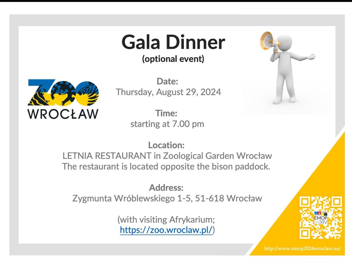 Dear Participants, we are excited to announce that the Gala dinner (optional event) on August 29, 2024, will be held at the Letnia Restaurant in Wrocław Zoological Garden.

In terms of the number of animal species it is the third largest zoological garden in the world!