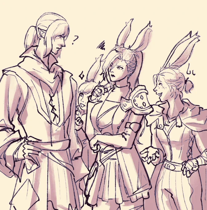Quick doodle of Estinien meeting my WoL Rifra's sisters ashdjfk